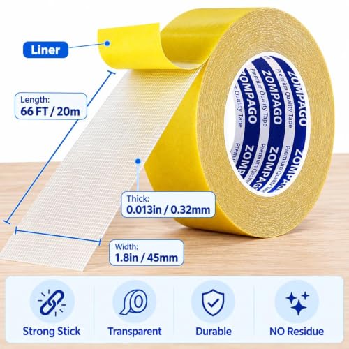 ZOMPAGO Clear Grid Mesh Heavy Duty Double-Sided Mounting Tape,1.8inx66FT - size: 1.8inx66ft