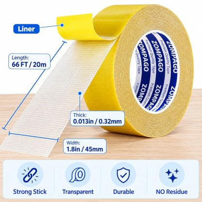ZOMPAGO Clear Grid Mesh Heavy Duty Double-Sided Mounting Tape,1.8inx66FT - size: 1.8inx66ft