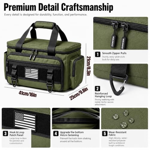 Tool Bag with Anti-friction Bottom, Durable Handle Tool Bags for Men with Shoulder Strap Tactical Range Bag, Multi-purpose Work Tote for Repairman, Carpenters, Handyman. (Ranger Green) - color: Ranger Green