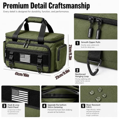 Tool Bag with Anti-friction Bottom, Durable Handle Tool Bags for Men with Shoulder Strap Tactical Range Bag, Multi-purpose Work Tote for Repairman, Carpenters, Handyman. (Ranger Green) - color: Ranger Green