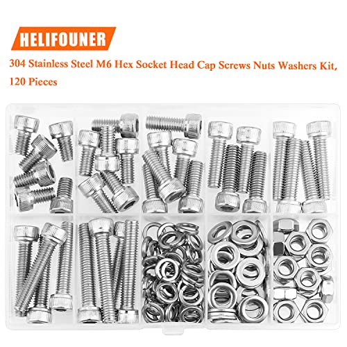 HELIFOUNER 120 Pieces M6 x 10mm /12mm /16mm /20mm /25mm /30mm /35mm, Hex Socket Head Cap Screws Bolts Washers Nuts Kit, 304 Stainless Steel - size: M6, style: Socket Head Screws