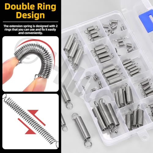 Hilitchi 96Pcs 15 Sizes Extension Spring Assortment Kit Extension Spring Stainless Steel Springs Assorted Size Small Springs Compression Tension Springs for Repairs Maintenance