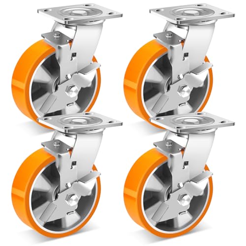 W B D WEIBIDA 6 Inch Heavy Duty Caster Set 5000lbs, Polyurethane Wheel with Aluminum Core, Double Ball Raceway Swivel Casters, Non-Marking & Maintenance-Free for Hospital, Laboratory & Industrial Use - size: 6 IN