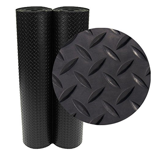 Rubber-Cal Diamond-Plate Rubber Flooring Roll - 3 mm x 4 ft x 15 ft Roll - Black - size: 180"L x 48"W x 0.1"Th