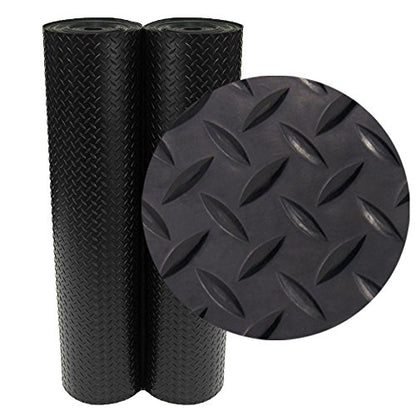 Rubber-Cal Diamond-Plate Rubber Flooring Roll - 3 mm x 4 ft x 15 ft Roll - Black - size: 180"L x 48"W x 0.1"Th