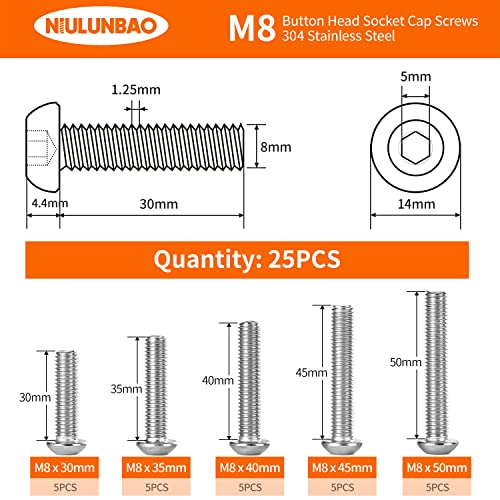 M8 x 30mm 35mm 40mm 45mm 50mm Button Head Socket Cap Screws Bolts, 304 Stainless Steel, Metric Allen Hex Drive, Machine Fully Threaded, Assortment Kit 25PCS - size: M8 x 30/35/40/45/50mm (25PCS)
