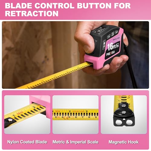 PREXISO 2-in-1 Digital Tape Measure, 16Ft Pink Digital Measuring Tape - color: Pink