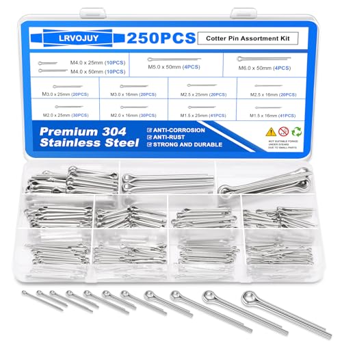 250PCS Cotter Pin Assortment Kit, 12 Sizes, 304 Stainless Steel, Hardware Pins for Trailer, Truck, Tractor, Automotive, Hitch and Locking Systems - size: 250Pcs - 12 Sizes