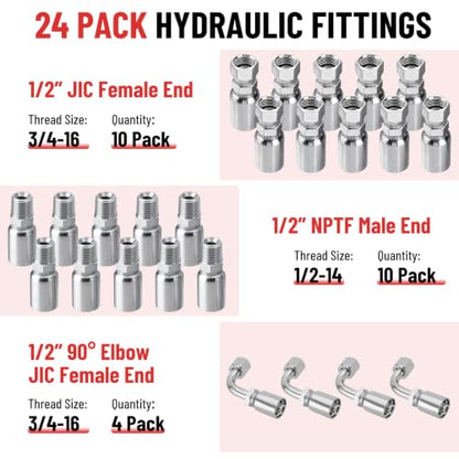 100FT 1/2" Hydraulic Hose with 24PCS Hydraulic Hose Fittings - size: 1/2" Hydraulic Hose - 100FT