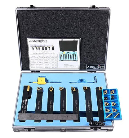 Accusize 5/8 in Shank Indexable Carbide Turning Tool Set, 2387-2005PLUS - size: 7 Pcs/Set, w/ 10 Extra Inserts for steel