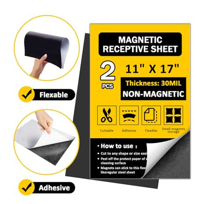 2 Pack, 11"x17" Adhesive Ferrous Sheets for Magnet, Flexible Steel Vinyl Magnetically-Receptive Sheet, Flat Rubber Metal Steel Pad, Flexible Iron Mat Work with All Magnets - size: 11"X17"-2Pcs