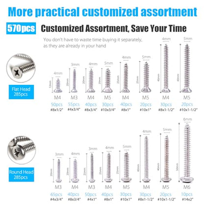 570Pcs Self Tapping Screws Assortment Set, M3/M4/M5/M6 304 Stainless Steel Sheet Metal Screws Kit, Phillips Drive Wood Screw Assortment 570pcs (285pcs Round Head and 285pcs Flat Head)