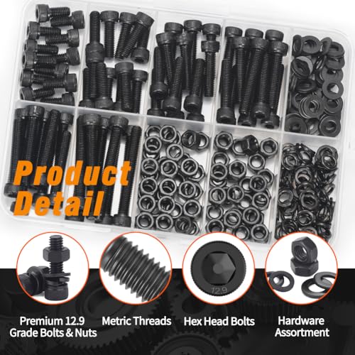 12.9 Grade M5 Screws Assortment Kit, 256pcs Bolts and Nuts Washers Set - size: M5 Bolts and Nuts Washers 10-40mm