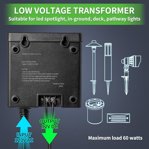 60W Low Voltage Landscape Transformer with Timer and Photocell Sensor, 120V AC to 12V DC, Dusk to Dawn and 2/4/6/8/10 Countdown Timer, Weatherproof, Heavy Duty for LED Spotlight, Pathway Light