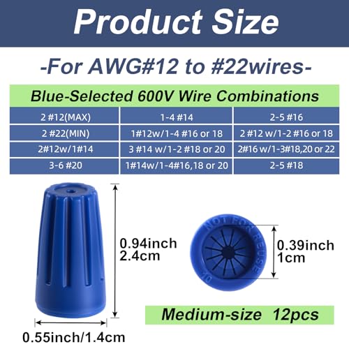 12 Pcs Waterproof Wire Nuts, 22AWG-12AWG Low Voltage Outdoor Electrical Cable Connectors, Landscape Wire Connector kit for Landscape Lighting, Irrigation Valves (Blue, Medium) - color: Blue, Medium