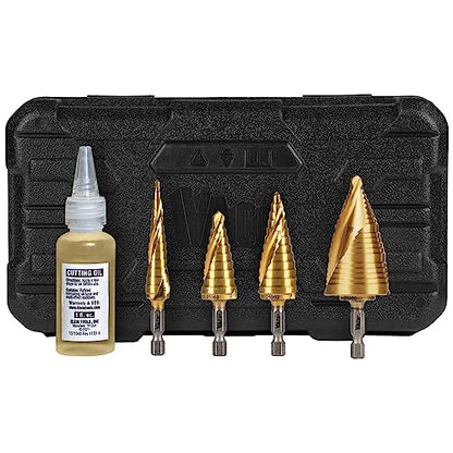 Klein Tools 25950 Step Drill Bit Set, Spiral Double Fluted, Titanium Nitride Coating, 1/4-Inch Impact Shank, Rugged Case, 4-Piece
