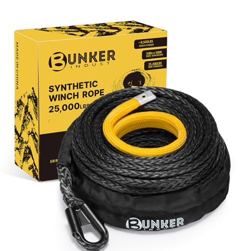 BUNKER INDUST 3/8" x 100' Synthetic Winch Rope,25000LBS Winch Cable with Protective Sleeve 100ft Winch Line Replacement for Off-Road Vehicle SUV Truck, Black - color: black, size: 3/8inch x 100ft