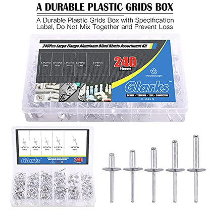 Glarks 240Pcs 3/16" x 3/8'' / 1/2'' / 5/8'' / 3/4'' / 1'' Large Flange Blind Rivets 5 Szie Aluminum Pop Rivets Assortment Set