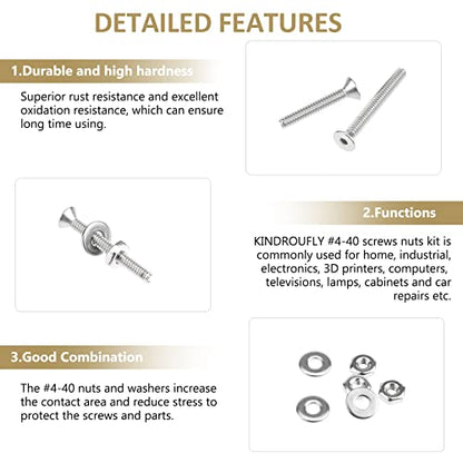 252 Pieces #4-40 x 3/16", 1/4", 5/16", 3/8", 1/2", 5/8", 3/4", 1", Countersunk Head Socket Cap Screws Nuts Washers Assortment Kit, 304 Stainless Steel, Fully Machine Thread - size: #4-40, style: Countersunk Head