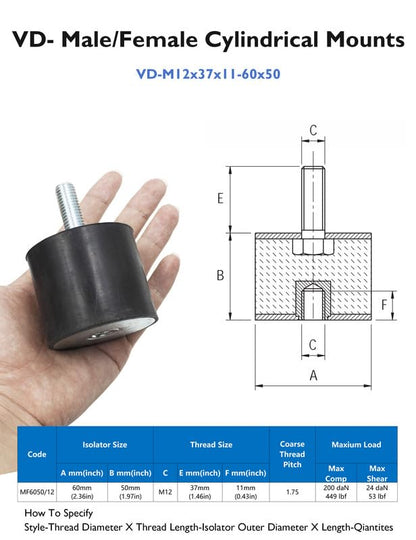 EASYEAH M12 Rubber Vibration Isolator Mounts Single Stud Shock Absorber - size: VD-M12x37-60x50