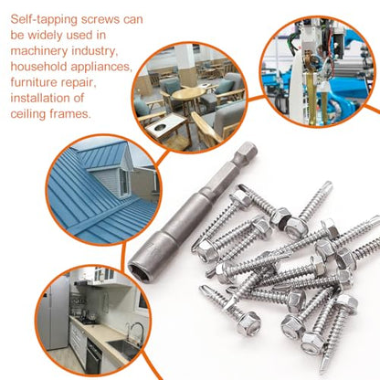 weideer 200pcs #8×3/4" Self Tapping Screws for Metal, 410 Stainless Steel Hex Washer Head Sheet Metal Screws,Quick Tapping Screw with Screwdriver Bit