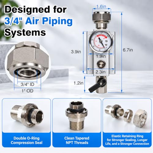 3/4" shop air line kit with Pressure Gauge, 2Port Aluminum Manifold - color: with Pressure Gauge