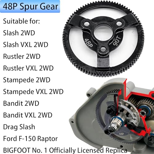 90T 48P Hardened Steel Spur Gear for Traxxas Slash Stampede Rustler 2WD - size: 48P-Spur Gear-90T