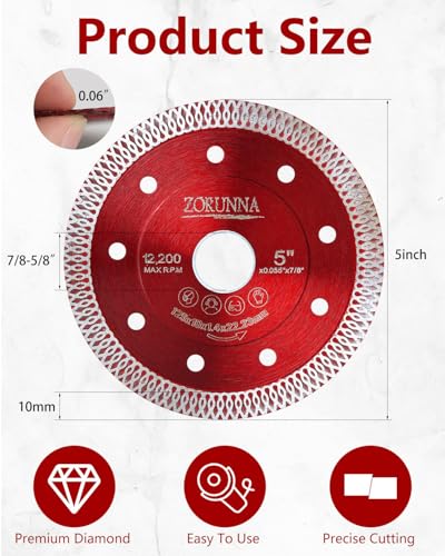 ZORUNNA 2Pcs 5" Diamond Saw Blades, Tile Cutting Disc for Angle Grinder - size: 5"