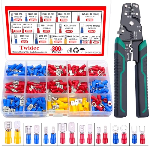 Twidec/300PCS 16Types Spade Crimp Connectors 2.8mm/4.8mm/6.3mm Male and Female Connector kit Includes Spade Fork Ring Insulated Wire Crimp Connectors and Wire Crimper Tool with Stripper Cutter - color: 300PCS+Wire Crimper Tool