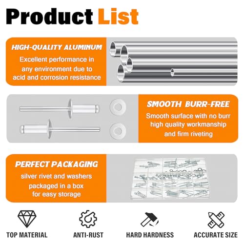 16Sizes Pop Rivets Kit 3/32 1/8 5/32 3/16 1/4 Inch Silver Aluminum Blind Rivet Assortment Set with Stainless Steel Washers (Pack of 130PCS)