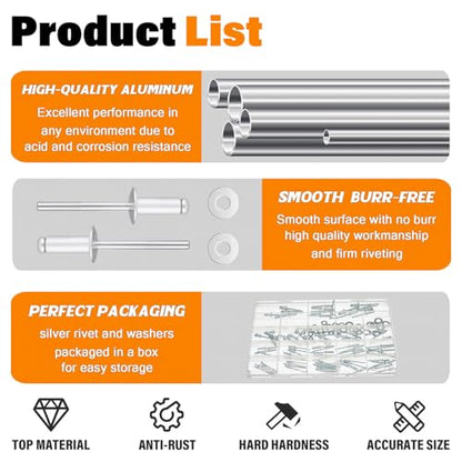 16Sizes Pop Rivets Kit 3/32 1/8 5/32 3/16 1/4 Inch Silver Aluminum Blind Rivet Assortment Set with Stainless Steel Washers (Pack of 130PCS)