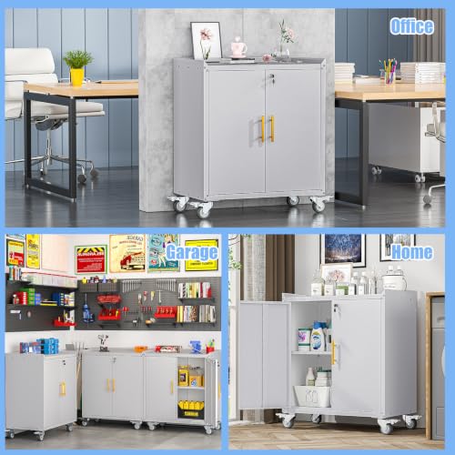35.6" Rolling Metal Garage Storage Cabinet with Wheels & Lock, Grey White - color: Grey White, size: 18"D x 30"W x 35.6"H