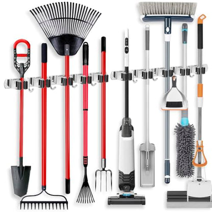 IMILLET 2 Pack Broom Holder Wall Mount Stainless Steel Mop Organizer - color: Stainless Steel - 5 Racks with 4 Hooks, size: 2 Pack
