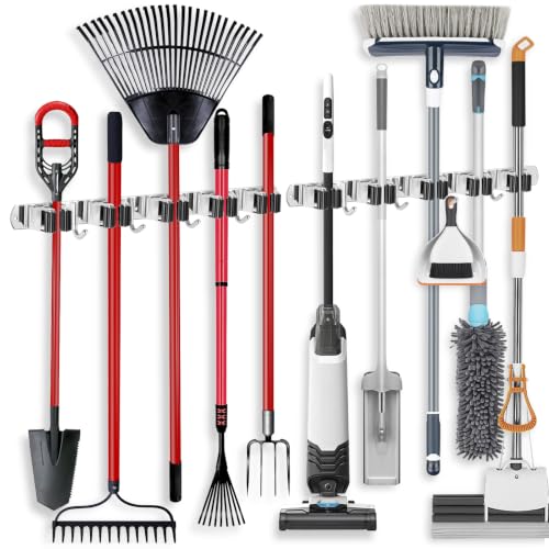 IMILLET 2 Pack Broom Holder Wall Mount Stainless Steel Mop Organizer - color: Stainless Steel - 5 Racks with 4 Hooks, size: 2 Pack