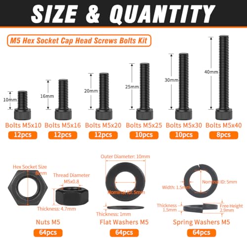 12.9 Grade M5 Screws Assortment Kit, 256pcs Bolts and Nuts Washers Set - size: M5 Bolts and Nuts Washers 10-40mm