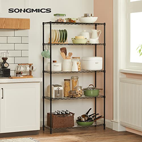 SONGMICS 5-Tier Storage Shelves, Adjustable Wire Shelving Unit, 8 Hooks - color: Ink Black, size: 5 Tiers (11.8"D x 35.4"W)