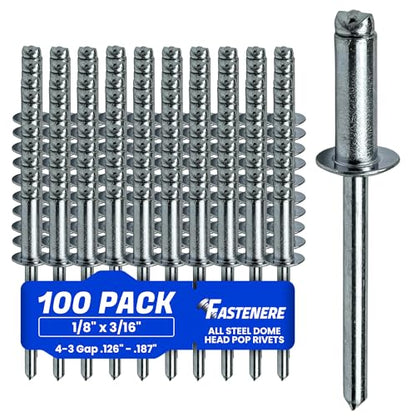Fastenere Pop Rivets - 1/8" x 3/16" (100 pcs) Heavy Duty, Open-End, Low Carbon Steel, Dome-Head Blind Rivets, Corrosion-Resistant & High Shear Strength, 4-3 Gap 0.126"-0.187" - size: 1/8" x 3/16" (4-3) (100 Pack)