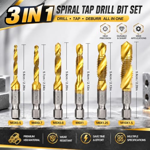 Metric Drill Tap Set, 6-Piece Titanium HSS Hex Shank Bits