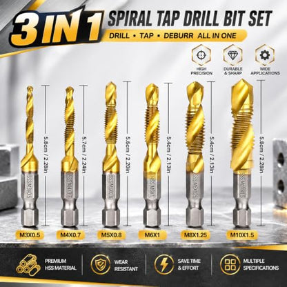 Metric Drill Tap Set, 6-Piece Titanium HSS Hex Shank Bits