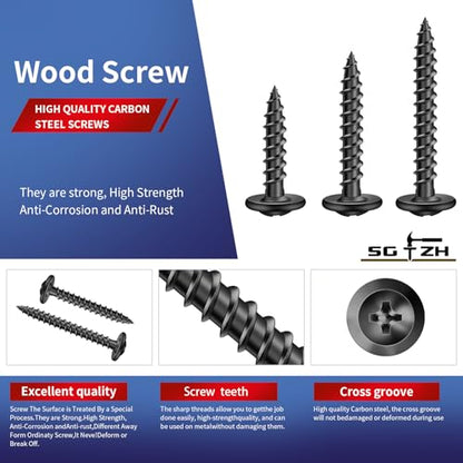 #8 x 2 Inch Wood Screw 500Pcs Alloy Steel Standard Thread Truss Head Fast Self Tapping Black Oxide by SG TZH - color: Black - Alloy Steel, size: #8 x 2"