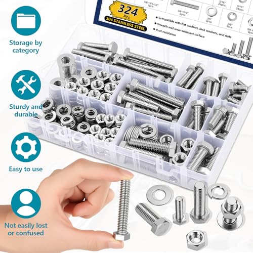 324PCS Hex Nuts and Bolts Assortment Kit, 1/4-20, 5/16-18, 3/8-16 SAE