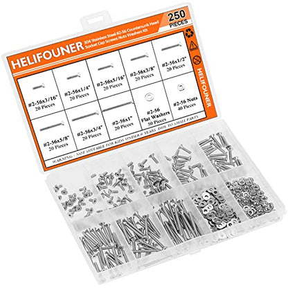 HELIFOUNER 250 Pieces #2-56 x 3/16" 1/4" 5/16" 3/8" 1/2" 5/8" 3/4" 1", Countersunk Head Socket Cap Screws Bolts Washers Nuts Kit, Coarse Thread, Fully Machine Threaded, 304 Stainless Steel - size: #2-56, style: Countersunk Head