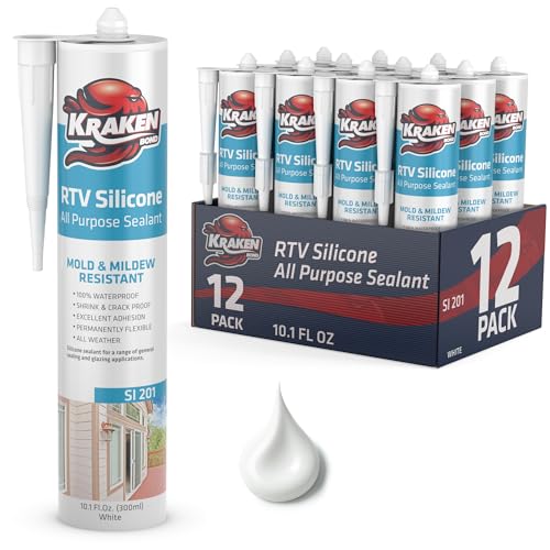 Kraken Bond RTV Silicone Sealant White (12 x 10.1 fl.oz.)%100 Waterproof Silicone Caulk Kitchen and Bathroom, All Purpose, Window Caulking Sealant Outdoor, RV, 12 Pack - size: 12 Pack