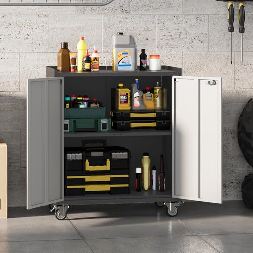 35.43in Duty Metal Garage Storage Cabinet with Wheels and Handle, Lockable Rolling Tool Cabinet with Adjustable Shelf, Rust-Resistant Steel Utility Cabinet for Garage, Home, Office Workshop, Grey - color: Black 01