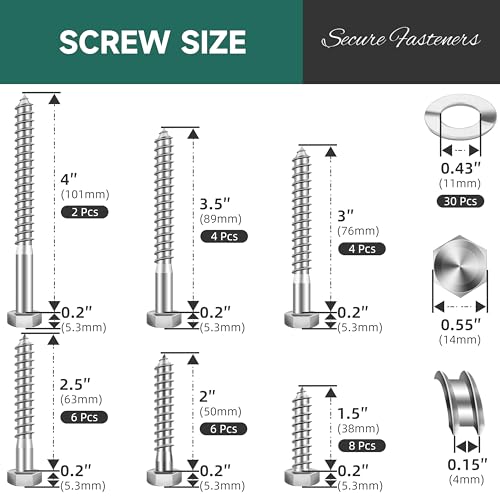 60Pcs 3/8" Hex Head Lag Screws, 304 Stainless Steel Wood Screws with Washers Kit with Socket, Bright Finish 3/8 Lag Bolts for Outdoor Woodworking - color: Silver, size: 3/8 Kit