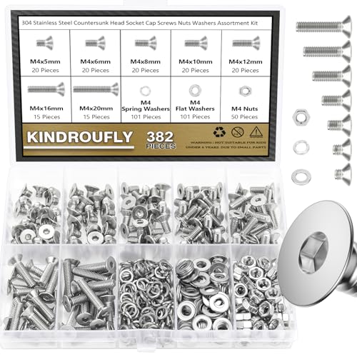 382 Pieces M4 x 5/6 /8/10 /12/16 /20mm Countersunk Head Socket Cap Screws Nuts Washers Assortment Kit, 304 Stainless Steel, Fully Machine Thread - size: M4, style: Countersunk Head Socket Cap
