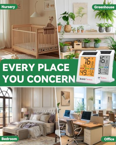 BALDR Indoor Thermometer Humidity Meter with Backlight Solar Powered - color: White Indoor Thermometer-1 Pack