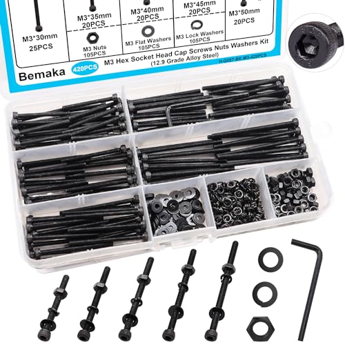 420PCS Black M3 Hex Socket Head Cap Screws, M3 x 30/35/40/45/50mm Metric Screws Bolts Nuts Washers Assortment Kit, 12.9 Grade Alloy Steel - color: Black