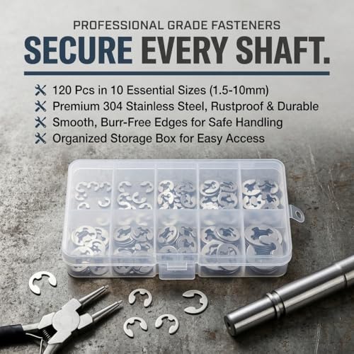 120PCS E Clip Washer, 1.5mm‑10mm Stainless Steel External Retaining Ring, E Clips Assortment Kit | Circlip Assortment Kit for Indoor Outdoor