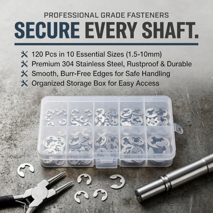 120PCS E Clip Washer, 1.5mm‑10mm Stainless Steel External Retaining Ring, E Clips Assortment Kit | Circlip Assortment Kit for Indoor Outdoor